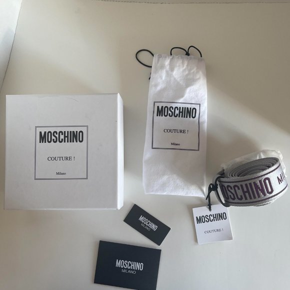 NWT Silver Moschino logo tape belt 30inch waist - Picture 4 of 7